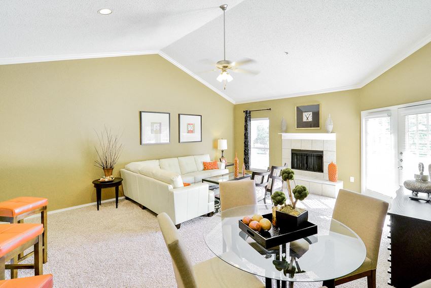 Fireplace in living room Fireplace in open concept floor plan at The Winsted at Valley Ranch in Irving, TX, For Rent. Now leasing 1 and 2 bedroom apartments.
