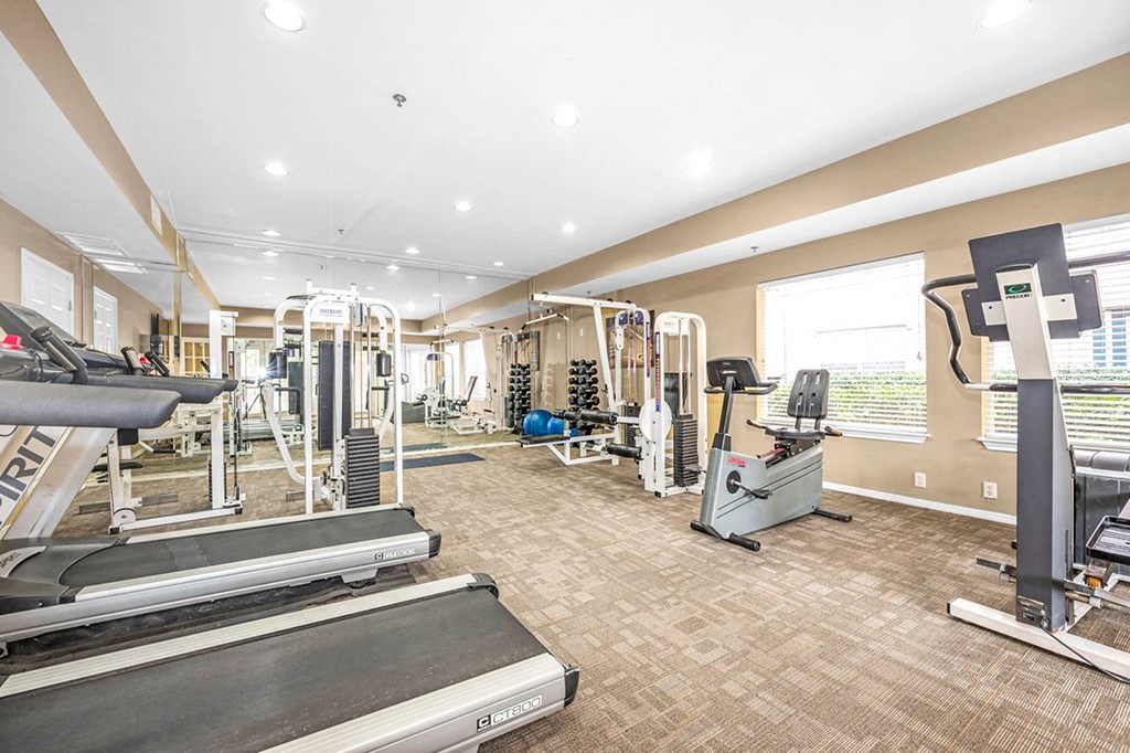 a gym with cardio equipment and weights on the floor at Villas at Katy Trail Apartments, Dallas, 75201