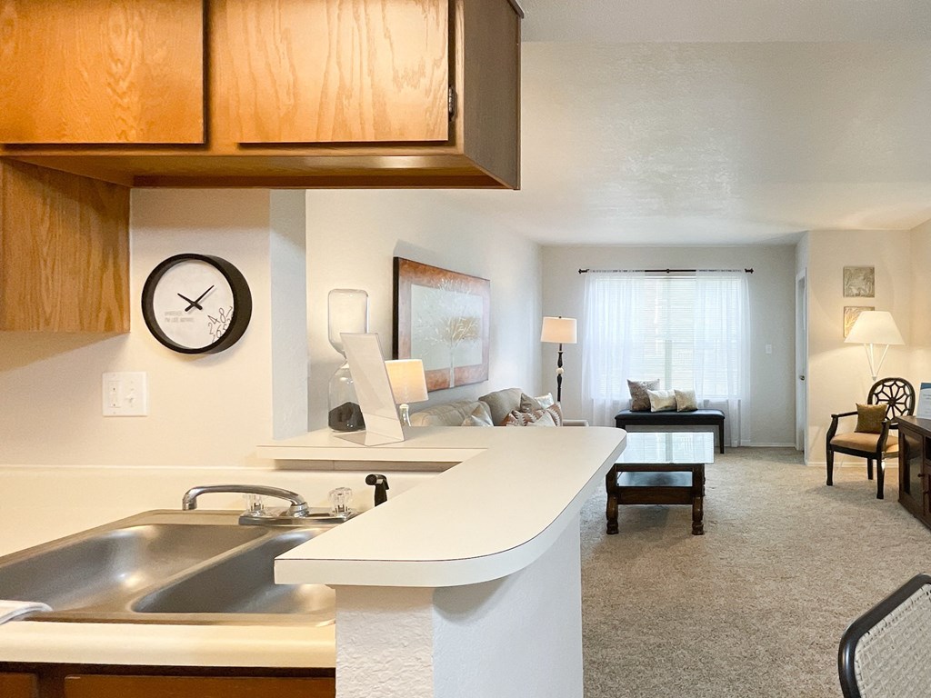 Interior kitchen with white countertops at Greenbriar Apartments, Oklahoma