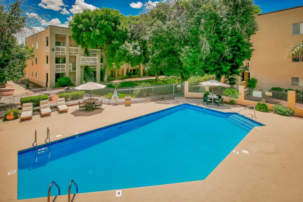 Top level view of pool and lounge area at Pavilions at Pantano Apartments, Tucson, AZ, Arizona, 85710