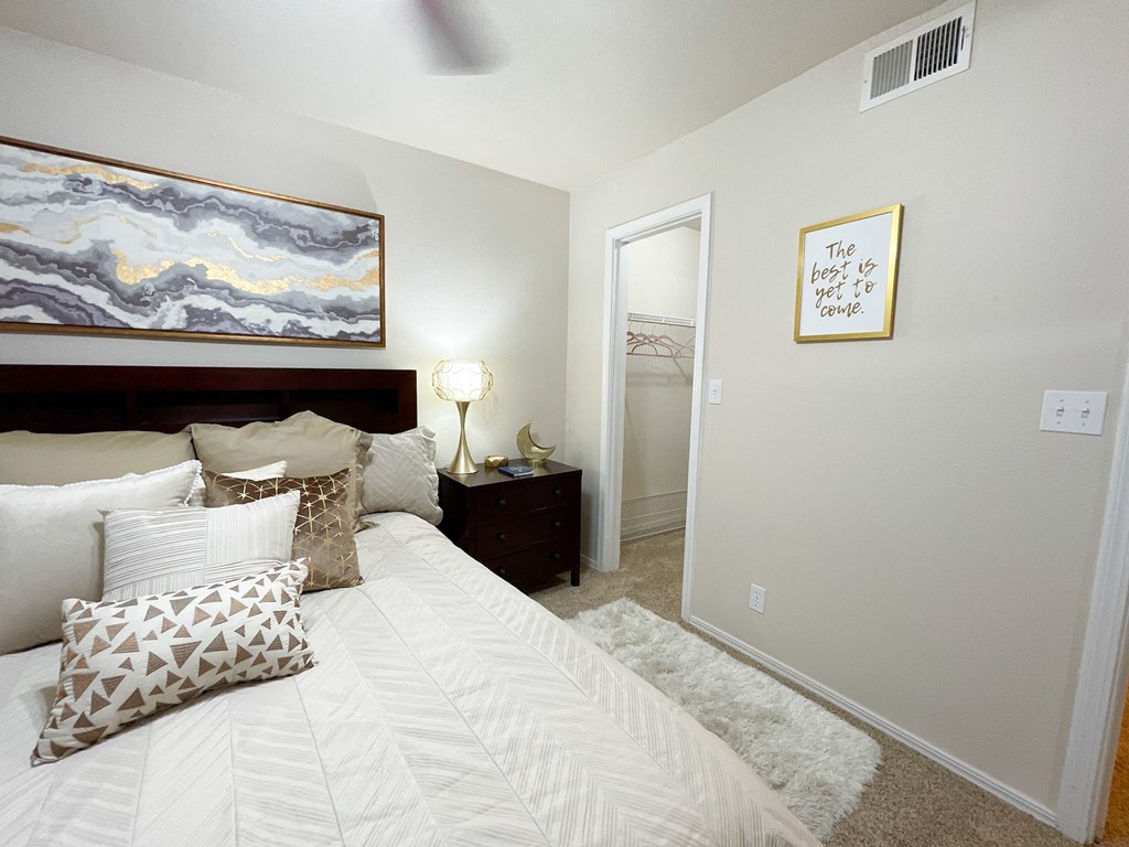 Interior bedroom with view of walk-in closet at Greenbriar Apartments, Tulsa, 74136