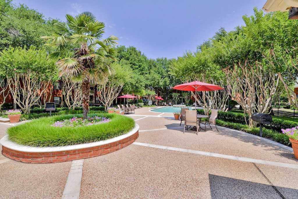 Courtyard area with tree lined view at SaddleBrook Apartments, Dallas, 75248