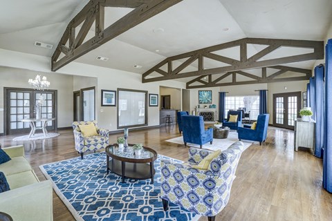 A spacious living room with a blue and white patterned rug on the floor.