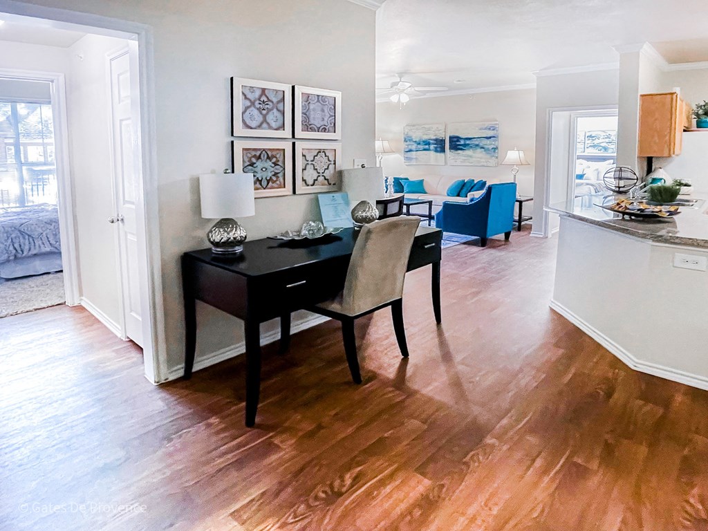 Desk set up with hallway next to it at Gates de Provence Apartments, Dallas, TX, 75287