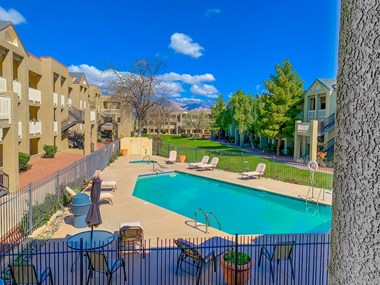 Community filled with lush landscaping and mature trees at Pavilions at Pantano Apartments in Tucson, AZ!