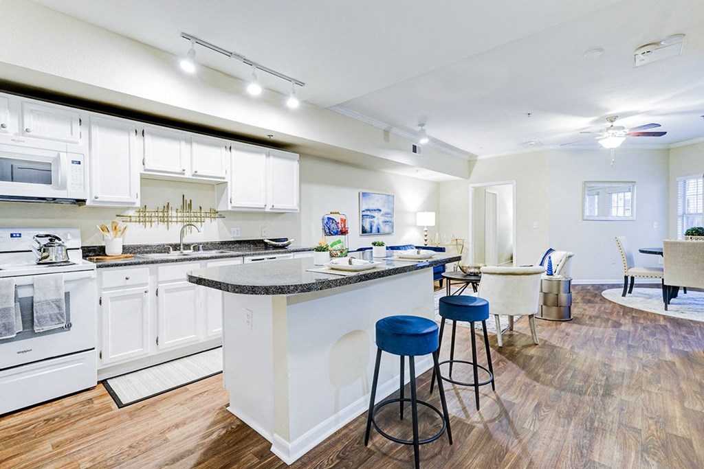 Kitchen view with a bar and a living room at Villas at Katy Trail Apartments, Texas