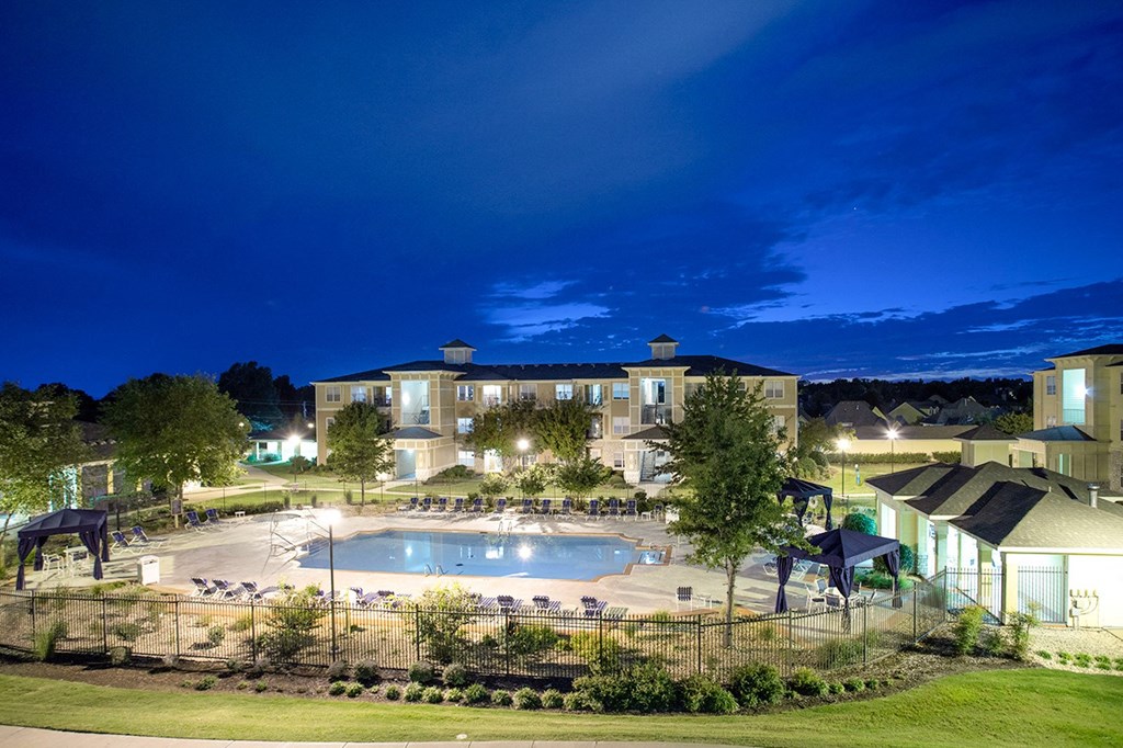 Aerial view of pool yard and lounge chairs at Sonoma Grande Apartments, Tulsa, OK