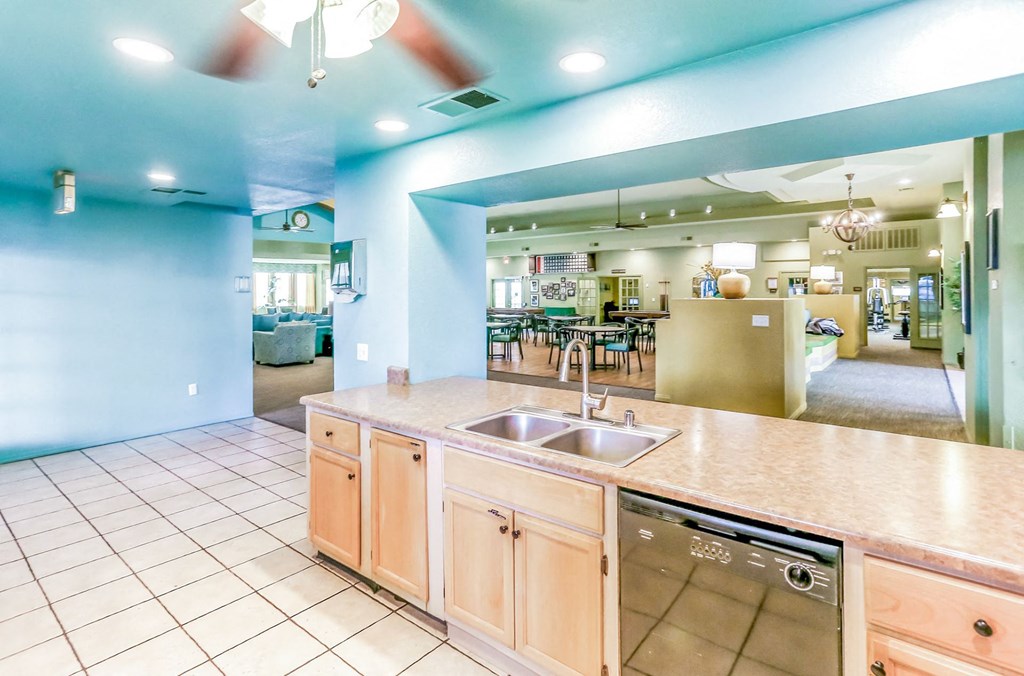 Community kitchen in the clubhouse at Country Club at The Meadows Senior Apartments in Las Vegas, NV, For Rent. Now leasing 1 and 2 bedroom apartments.