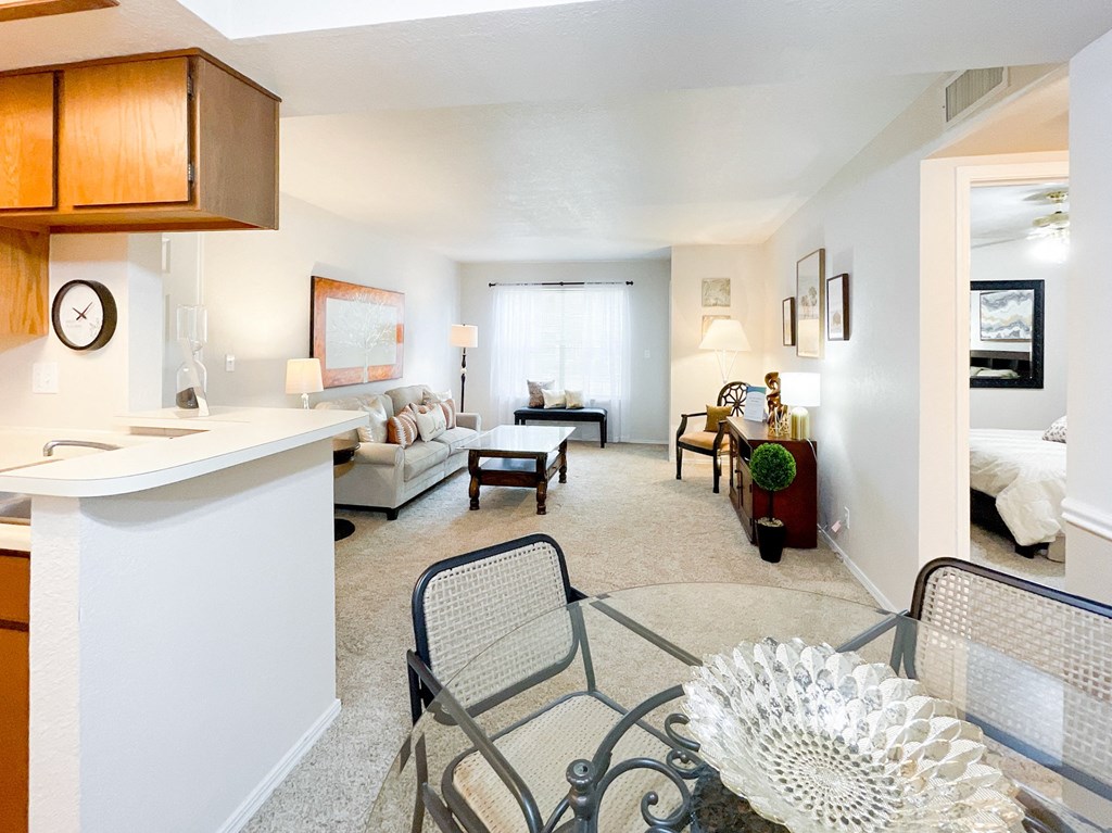 Open concept kitchen and living area at Greenbriar Apartments, Tulsa, Oklahoma