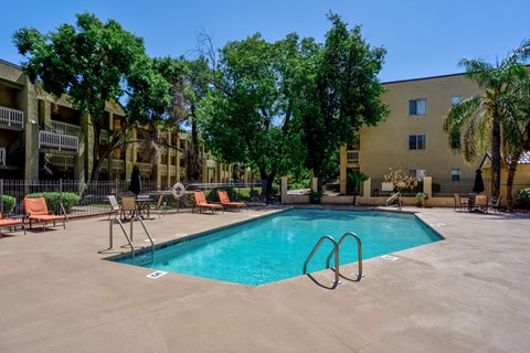 A swimming pool surrounded by trees and chairs.
