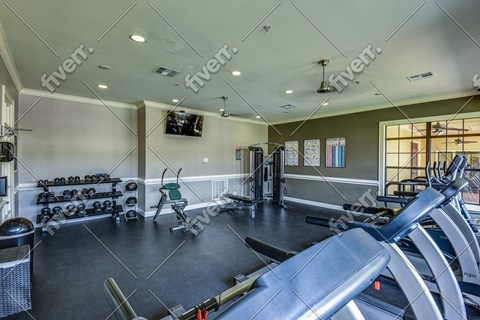 A gym with treadmills, weights, and exercise equipment.