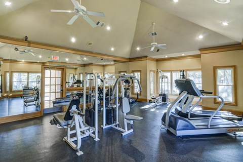 A spacious gym with a variety of equipment including treadmills, weight machines, and a rowing machine.