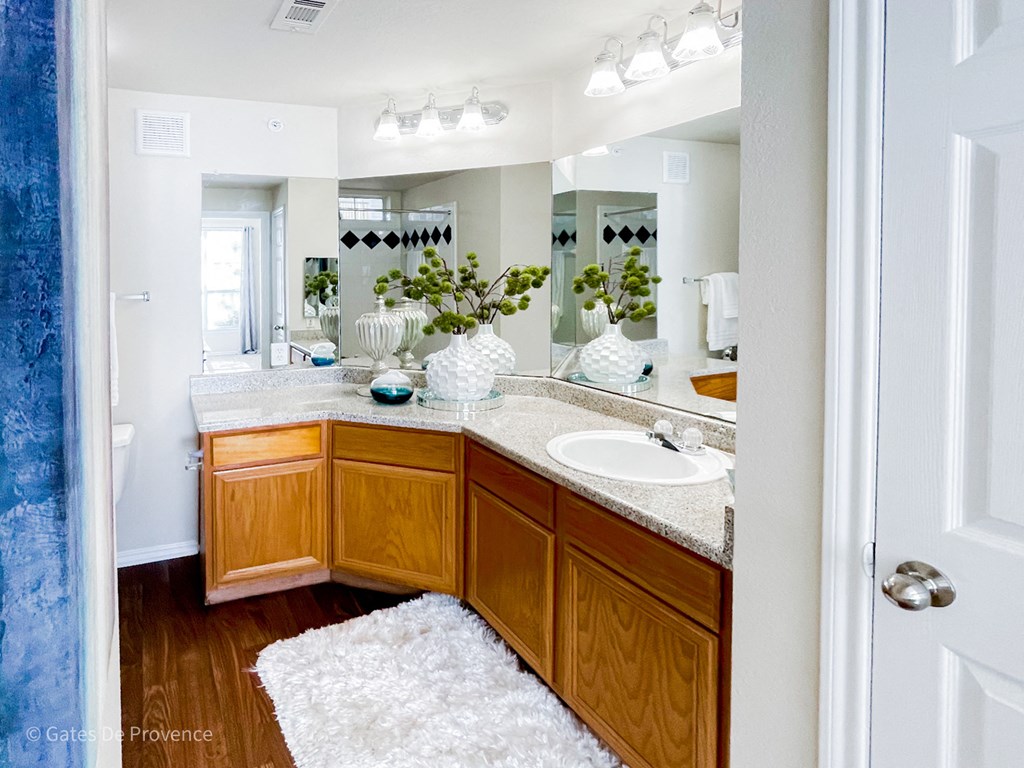 Bathroom view with large vanity  at Gates de Provence Apartments, Dallas 75287