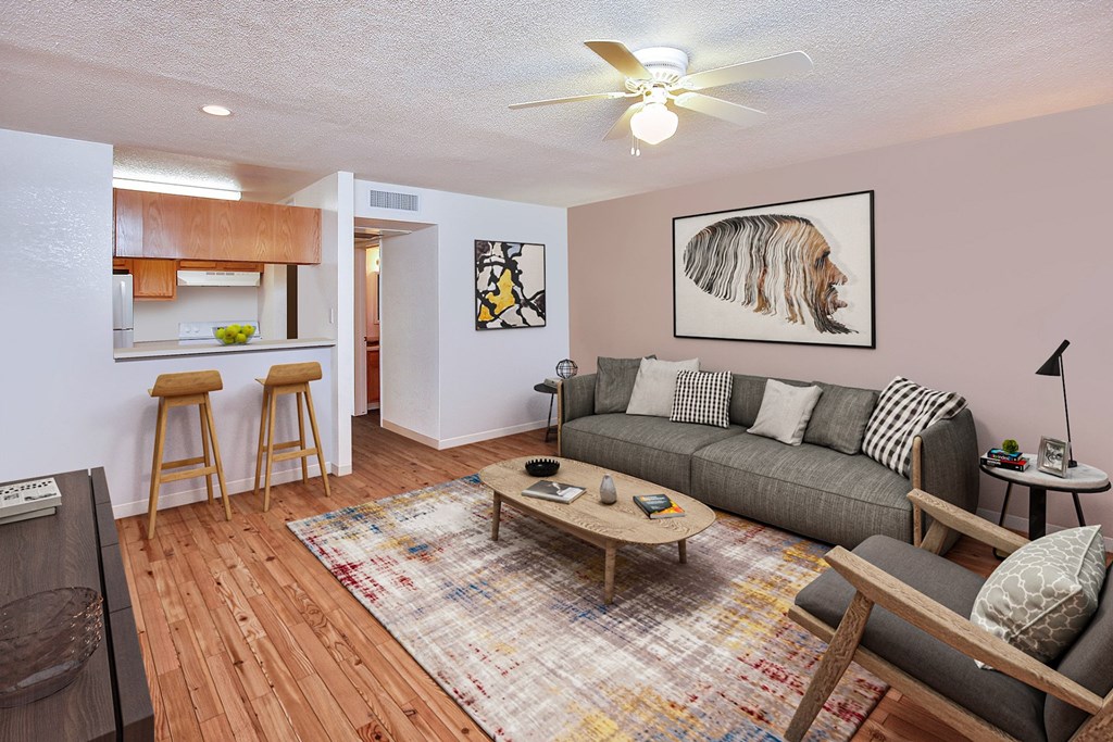 a living room with a couch and a table
