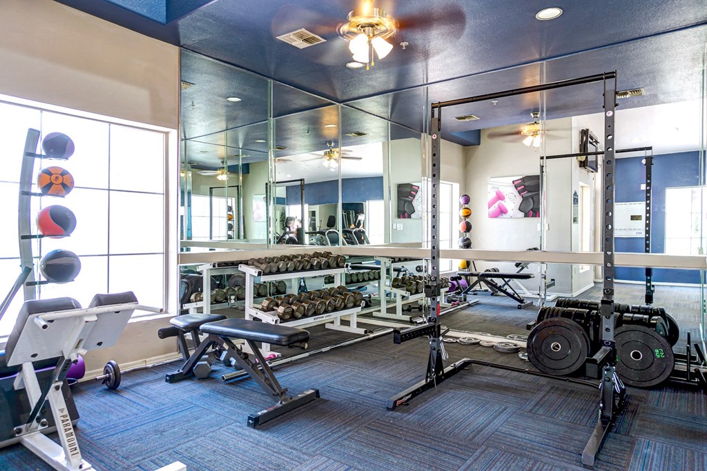 A gym with a variety of equipment including weights and a bench. at Ventana, Scottsdale