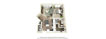 A 3D rendering of a small apartment with a kitchen, living room, and bathroom.