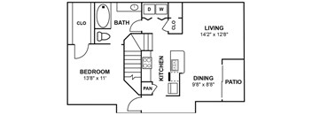 A black and white image of a floor plan for a living space.
