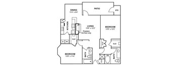 A black and white image of a house floor plan with a dining area, kitchen, living room, two bedrooms, a bathroom, and a patio.