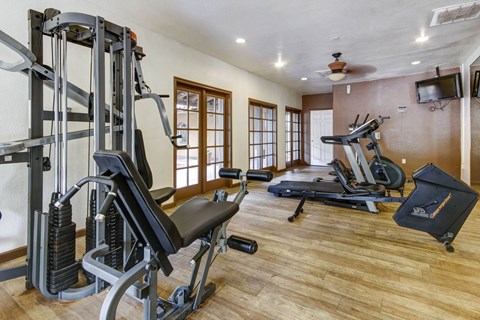 A home gym with a variety of equipment including a treadmill, weights, and a bench press.
