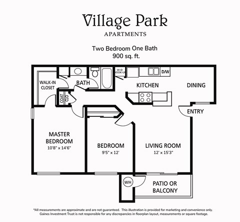 A floor plan for a 900 sq ft apartment with two bedrooms, one bath, and a living area.