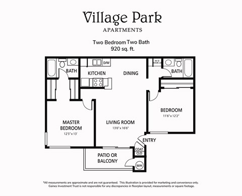 A black and white image of a floor plan for a two bedroom, two bath apartment.