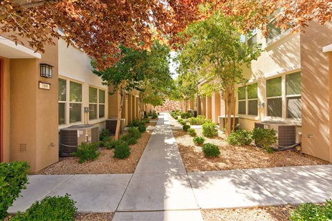 A row of houses with trees and bushes in front.