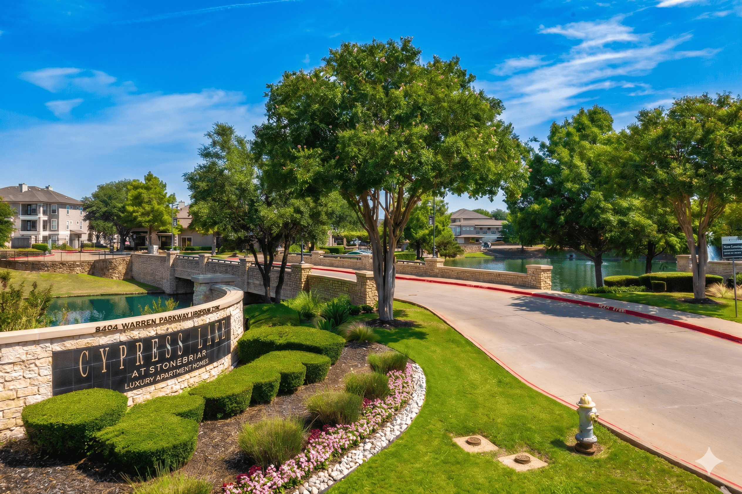 A sunny day at the Cypress Estates community with a clear blue sky.