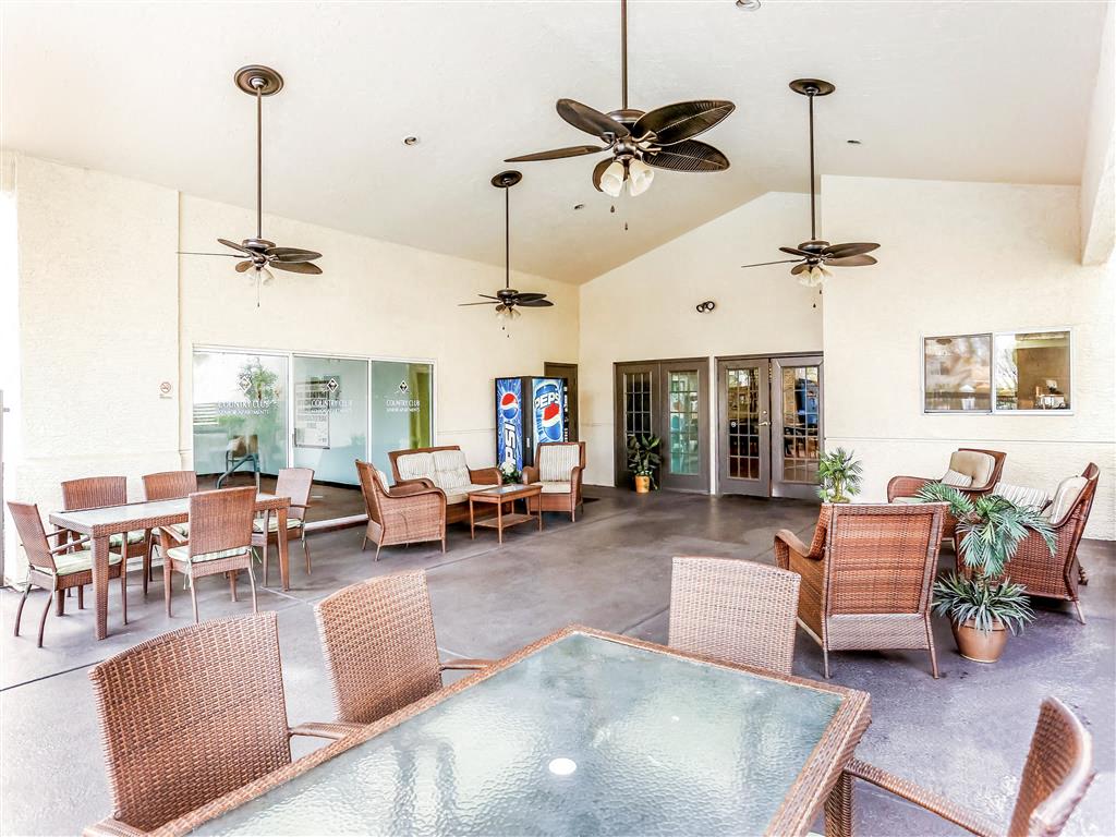 Cool outdoor patio of Country Club at Valley View Senior Apartments in Las Vegas, NV, For Rent. Now leasing 1 and 2 bedroom apartments.