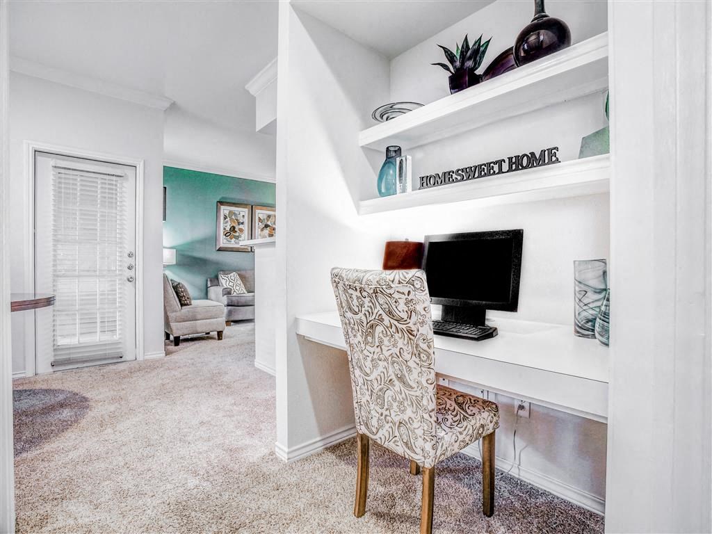 Built in Office, desk at The Remington at Memorial in Tulsa, OK, For Rent. Now leasing 1 and 2 bedroom apartments.