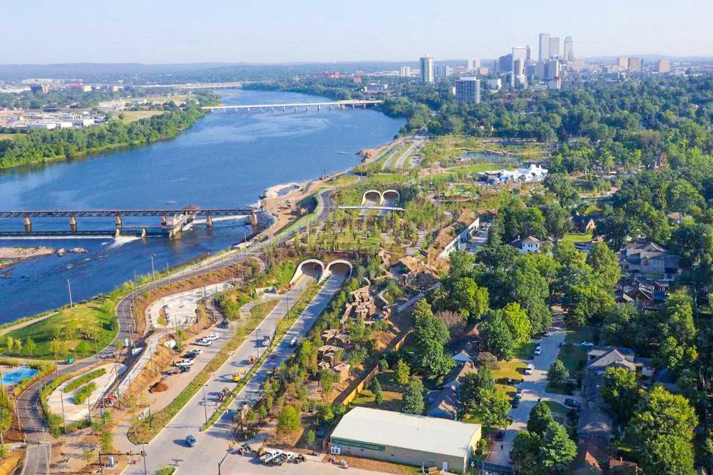 Aerial view of the river and trees at Riverside Park Apartments, Tulsa, OK