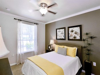 Bedroom ceiling fan in 1 and 2 bedroom apartments For Rent in North Dallas, TX. Now leasing at Montfort Place. - Photo Gallery 15