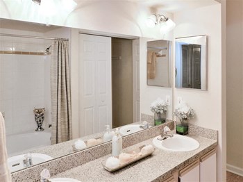 Double bathroom vanity at Montfort Place in North Dallas, TX, For Rent. Now leasing 1 and 2 bedroom apartments. - Photo Gallery 16