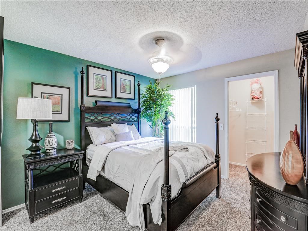 Spacious walk in closets in bedroom at Trinity Square Apartments in North Dallas, TX, For Rent. Now leasing 1 and 2 bedroom apartments.