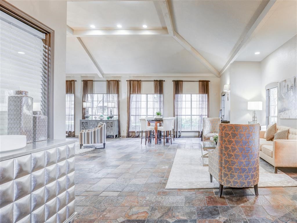 Modern Clubhouse finishes at Trinity Square Apartments in North Dallas, TX, For Rent. Now leasing 1 and 2 bedroom apartments.