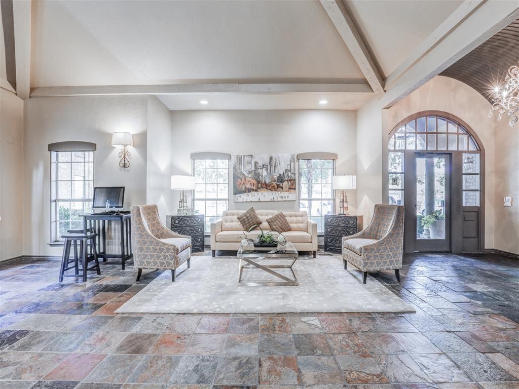 Clubhouse greeting area at Trinity Square Apartments in North Dallas, TX, For Rent. Now leasing 1 and 2 bedroom apartments.