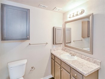 Mirrored vanity of Saxony at Chase Oaks in North Plano, TX, For Rent. Now leasing 1, 2 and 3 bedroom apartments. - Photo Gallery 15