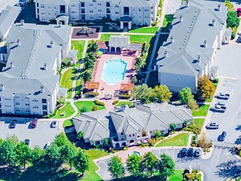 Aerial over head view of Estancia Apartments in south Tulsa Oklahoma