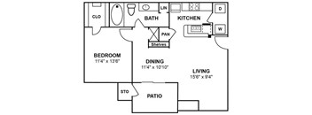 A floor plan of a house with a bedroom, dining room, living room, kitchen, bathroom, and patio.