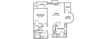 A black and white floor plan of a house with a living room, dining room, kitchen, bedroom, bathroom, and two patios.