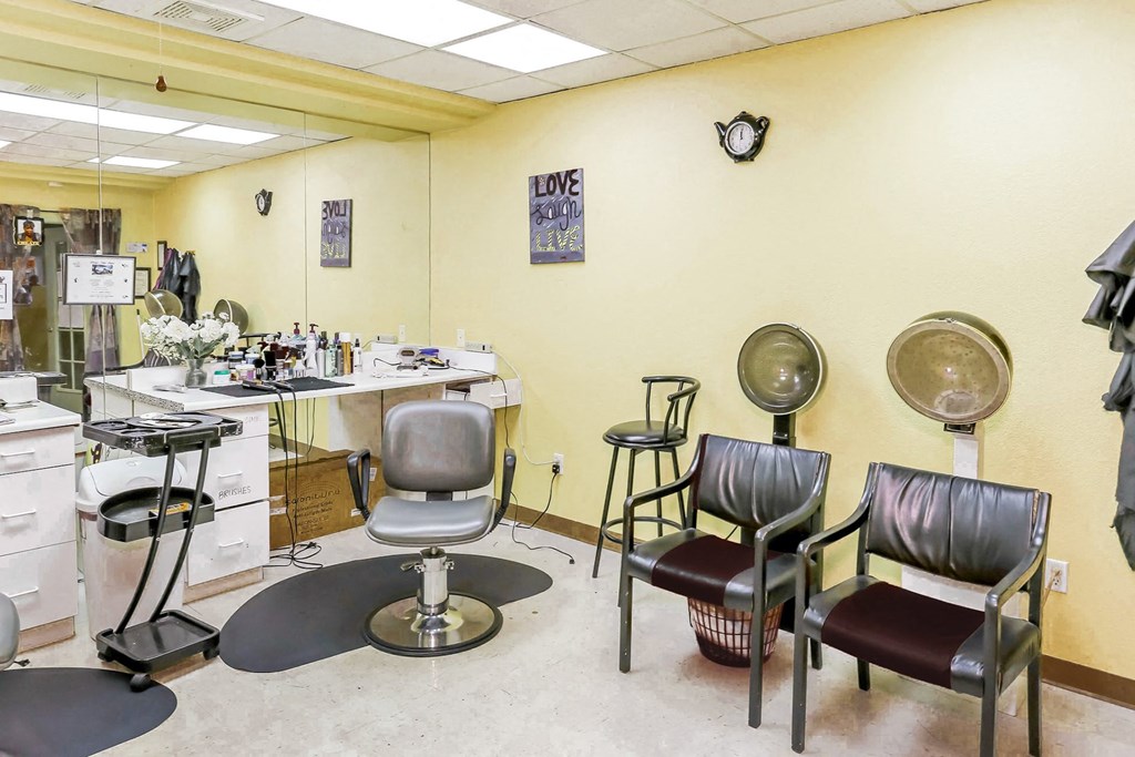 On-site hair salon with yellow walls at Country Club at TheOn-site hair salon Meadows, Las Vegas, NV, 89107