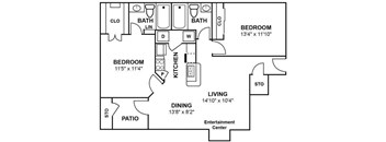 A black and white floor plan of a house with two bedrooms, a living area, a dining area, a kitchen, a bathroom, a cloakroom, a patio, and an entertainment center.