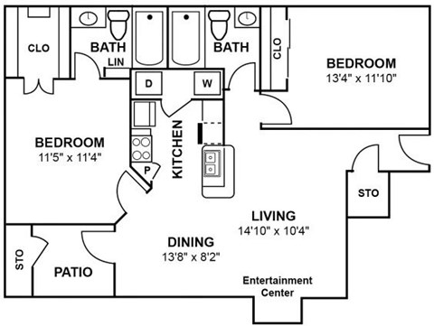 A black and white floor plan of a house with two bedrooms, a living area, a dining area, a kitchen, a bathroom, a cloakroom, a patio, and an entertainment center.