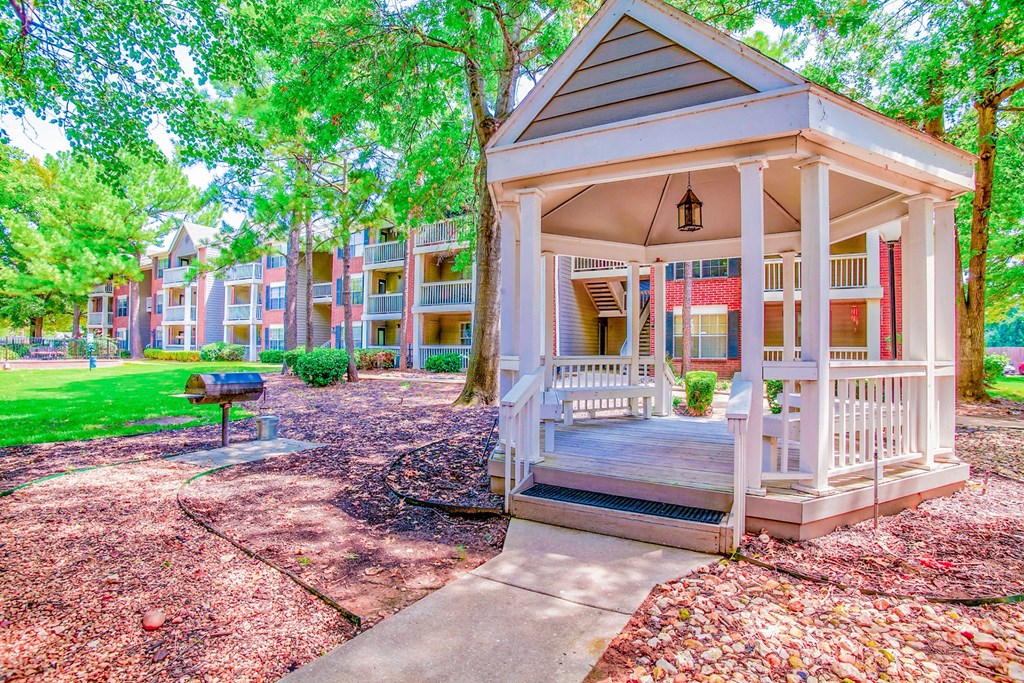 Exterior of apartment gazebo area at Greenbriar Apartments, Tulsa, OK, 74136