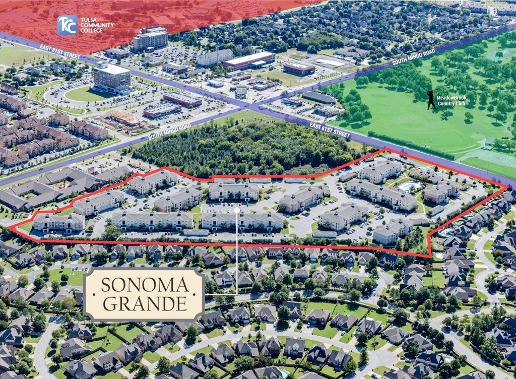 Aerial view of the property with tree-lined view at Sonoma Grande Apartments, Tulsa, Oklahoma