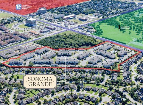 Aerial view of the property with tree-lined view at Sonoma Grande Apartments, Tulsa, Oklahoma