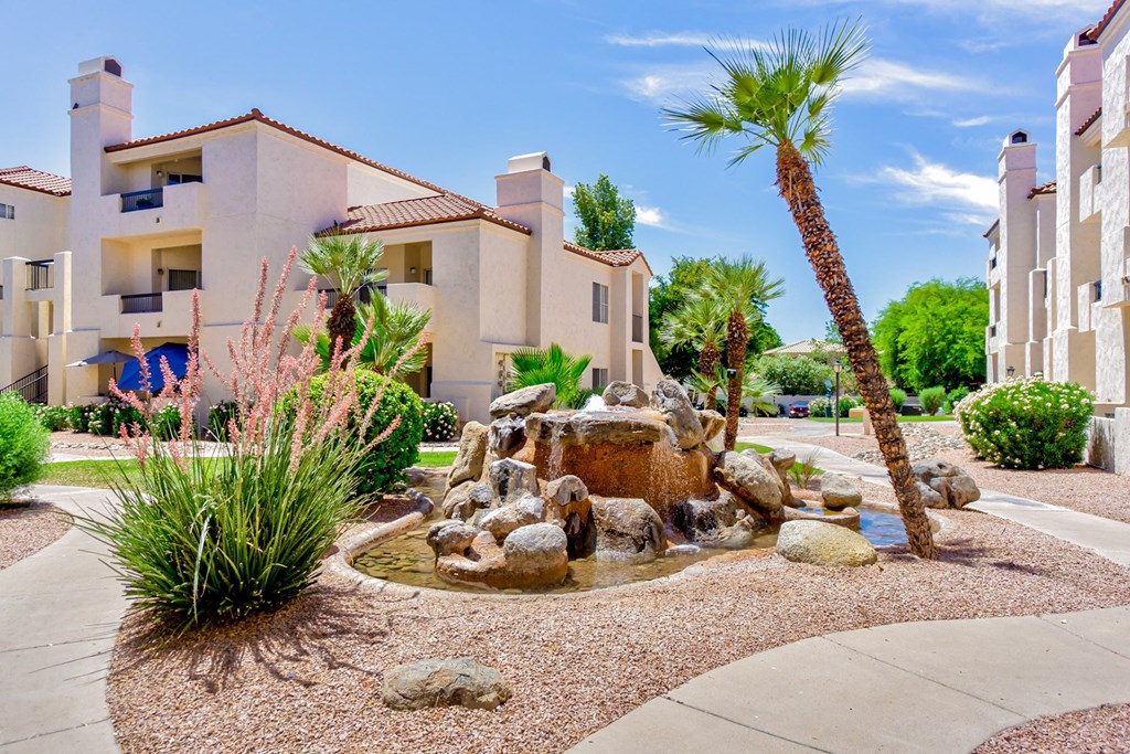 Fountain view with desert style landscaping at Ventana, Scottsdale