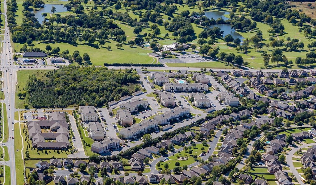 Aerial view of the property on a sunny day at Sonoma Grande Apartments, Tulsa, OK, 74133