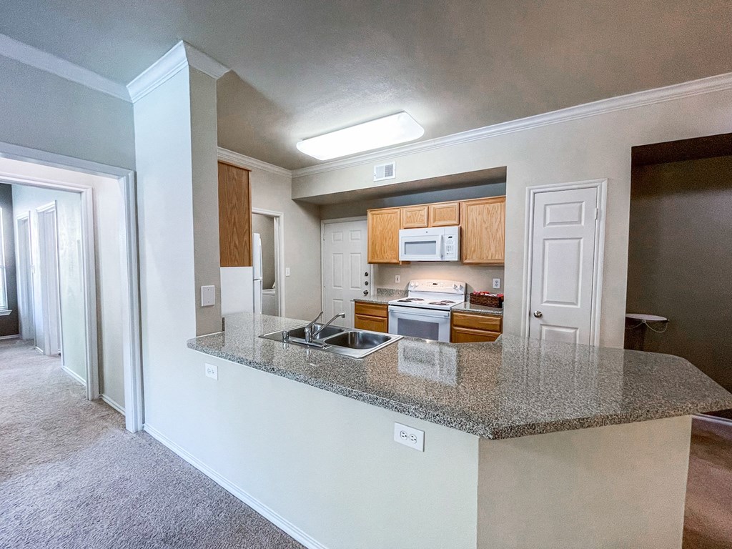 Interior kitchen with large kitchen countertop at Gates de Provence Apartments, Texas, 75287