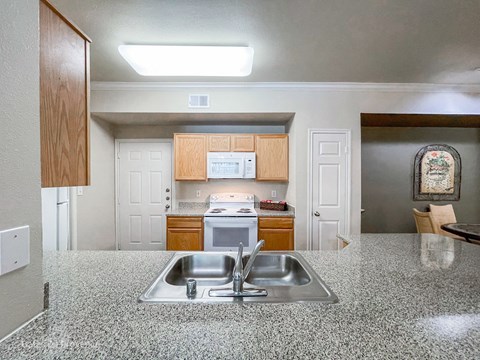 a kitchen with a sink and a counter top