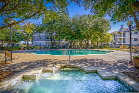 View of pool and hot tub area at Saxony at Chase Oaks, Plano, 75023